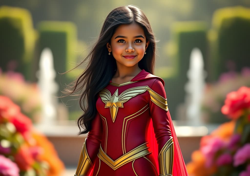  a hyper realistic image of a beautiful, cute indian marvel superhero girl with fair white skin. she has long, flowing black hair and wears a vibrant red and gold costume adorned with intricate indian patterns. she stands confidently in front of a lush, serene garden filled with colorful flowers and sparkling water fountains, the sunlight highlighting her radiant complexion, masterpiece,