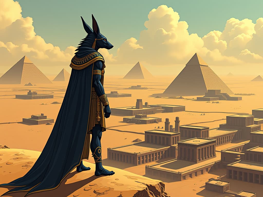  anubis, the jackal headed god in regal attire, standing on a high dune overlooking ancient egyptian ruins, high vantage point, vast expanse, divine perspective. the style is digital art illustration / modern comic book / mysterious occult, symbolic, esoteric vibe,high detail on character design, incorporating ancient egyptian symbology and attire.