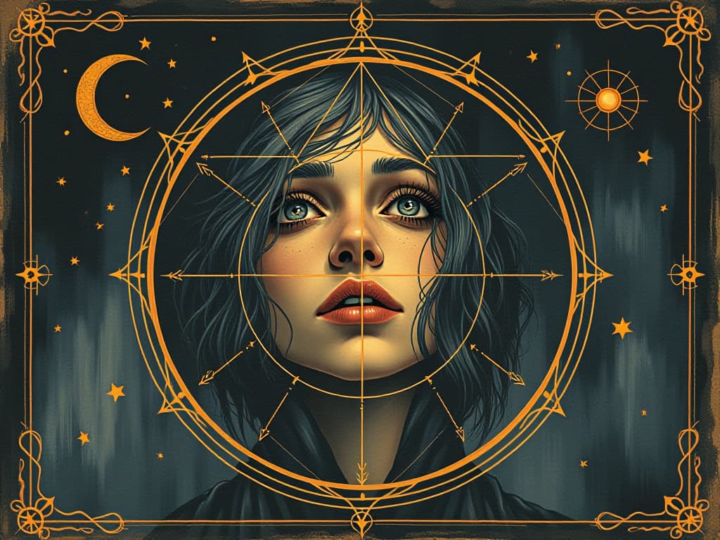  intricate brush strokes forming celestial patterns, musical notes blending into visual art, cosmos reflected in the artist's eyes, revelations of the universe. an illustration in the style of a worn, mystical old tarot trump card, mysterious and elements of surrealism. the colors are muted, somber and eerie, but with contrast bring out an occult and esoteric vibe.