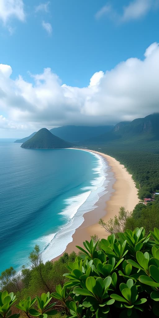  a scenic view of a vast ocean, sandy beach, distant island, lush mountains, and cloudy sky, ocean, beach, island