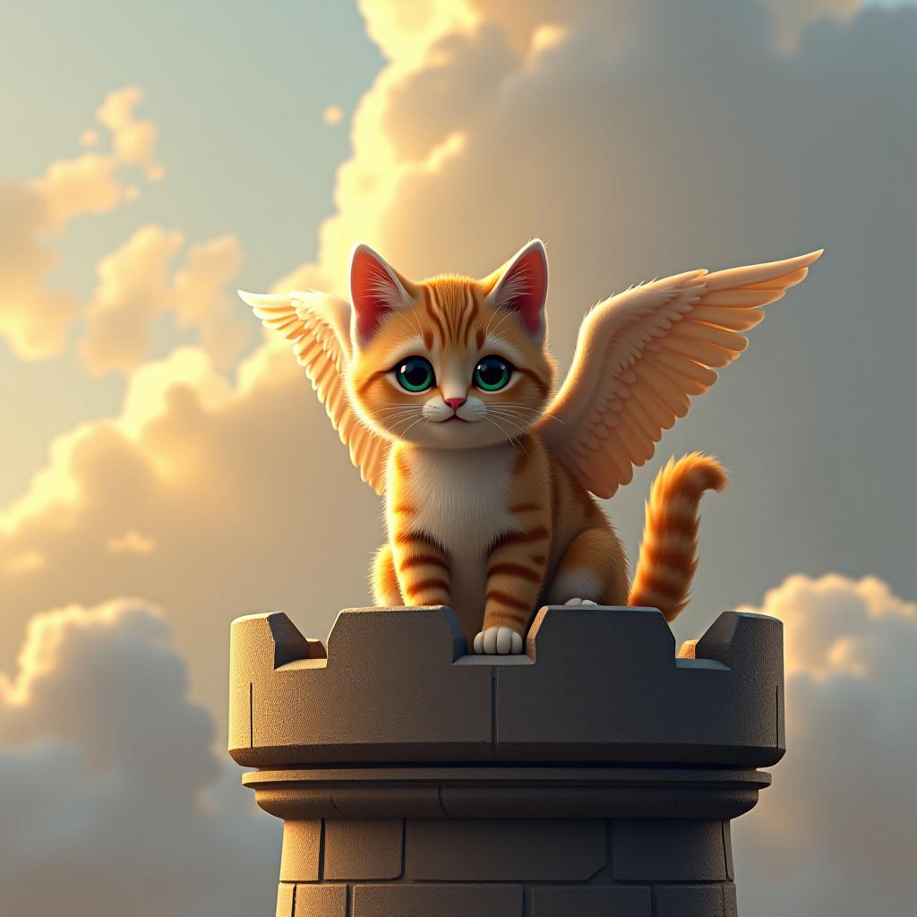  a little cat with wings is sitting on a tower.