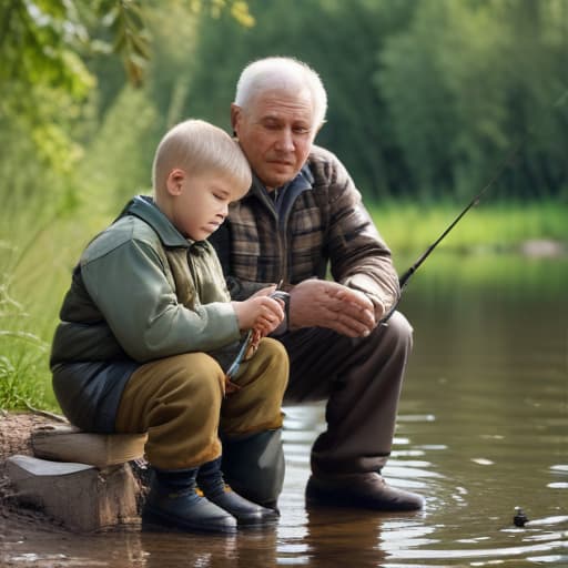 a grandfather is fishing with his grandson in russian village