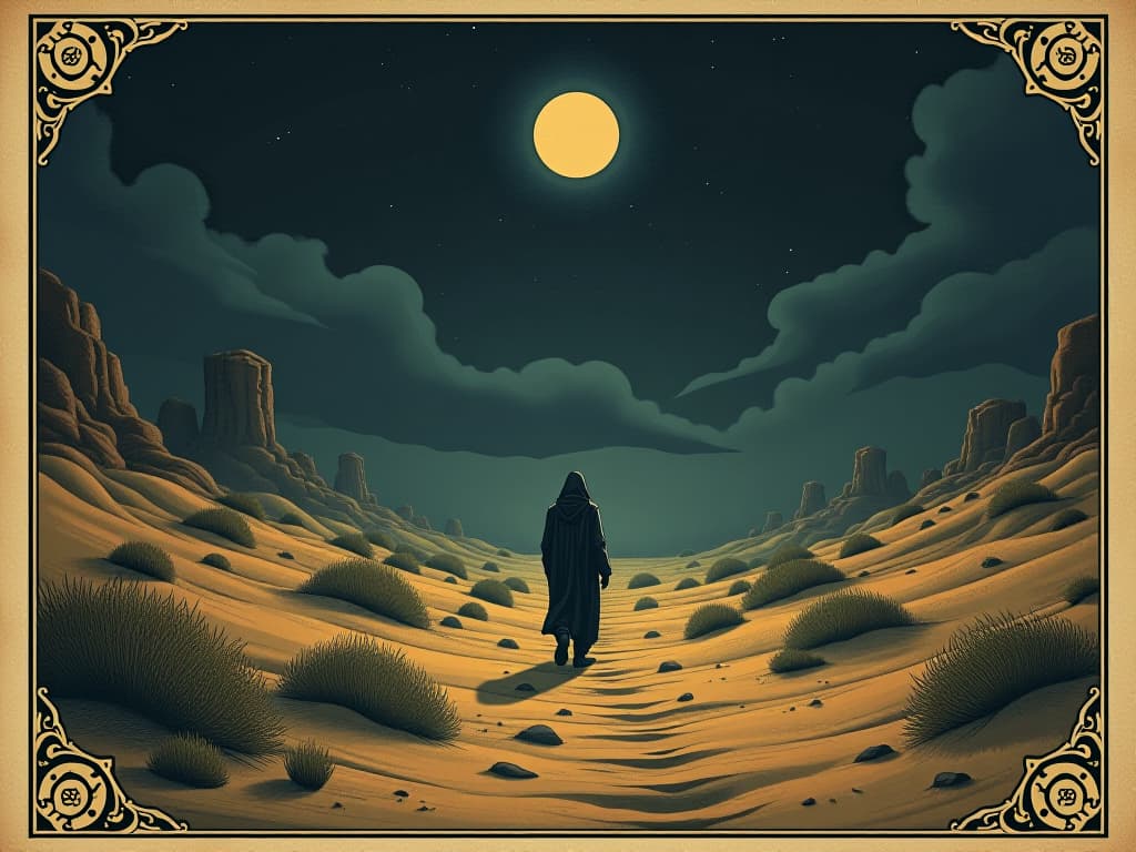  a solitary figure walking through a desert path, night, surrounded by silence, inward journey, spirituality, discovery. an illustration in the style of a worn, mystical old tarot trump card, mysterious and elements of surrealism. the colors are muted, somber and eerie, but with contrast bring out an occult and esoteric vibe.