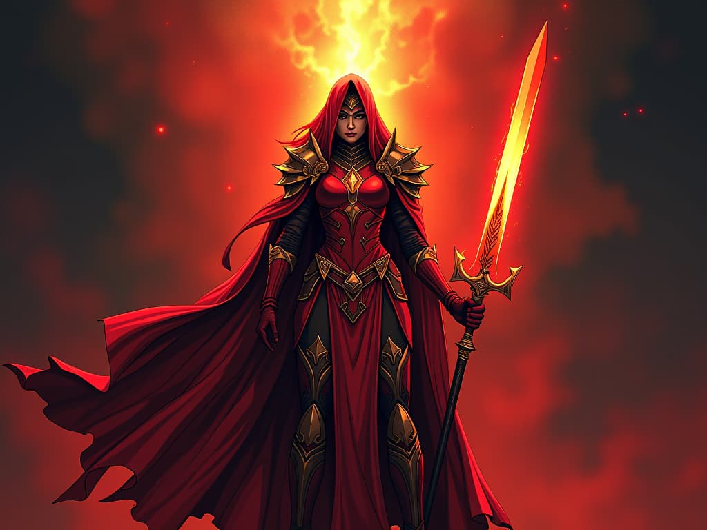  warrior priestess in red armor, standing triumphant, blazing sword in hand, celestial light illuminating her, aura of celestial strength. the style is digital art illustration / modern comic book / graphic dark novel fantasy and mysterious occult, symbolic, moody lighting, esoteric vibe,high detail on character design. for the color scheme emphasize blacks and reds.