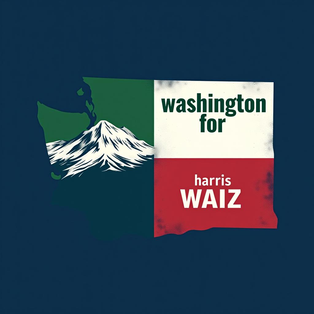  a tshirt design inspired by the washington state flag. the left side features a green vertical stripe with a large mountain in the center. the right side is divided into two horizontal sections: the top section is white with the text 'washington for' in bold, green, uppercase letters, and the bottom section is red with the text 'harris walz' in bold, white, uppercase letters. the overall layout is clean and straightforward, with a clear and patriotic color scheme of blue, white, and red.