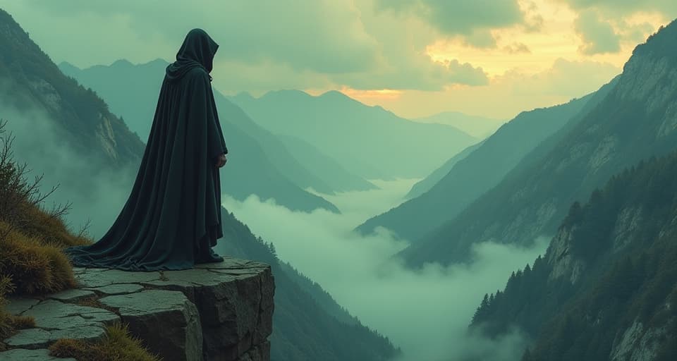  a cloaked figure standing at the edge of a cliff, overlooking a vast, misty valley, glowing eyes under the hood, aura of destiny. an illustration in the style of a worn, mystical old tarot trump card, mysterious and elements of surrealism. the colors are muted, somber and eerie, but with contrast bring out an occult and esoteric vibe.