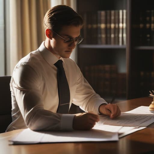 A photo of a professional lawyer meticulously drafting legal documents in a sleek, modern office during early evening with soft, warm ambient lighting casting long shadows across the desk, emphasizing the focused expression on the lawyer's face.