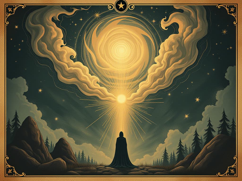  a divine force depicted as a swirling light, with natural elements around it, a figure in awe and reverence below, celestial backdrop, radiant, beautiful. an illustration in the style of a worn, mystical old tarot trump card, mysterious and elements of surrealism. the colors are muted, somber and eerie, but with contrast bring out an occult and esoteric vibe.