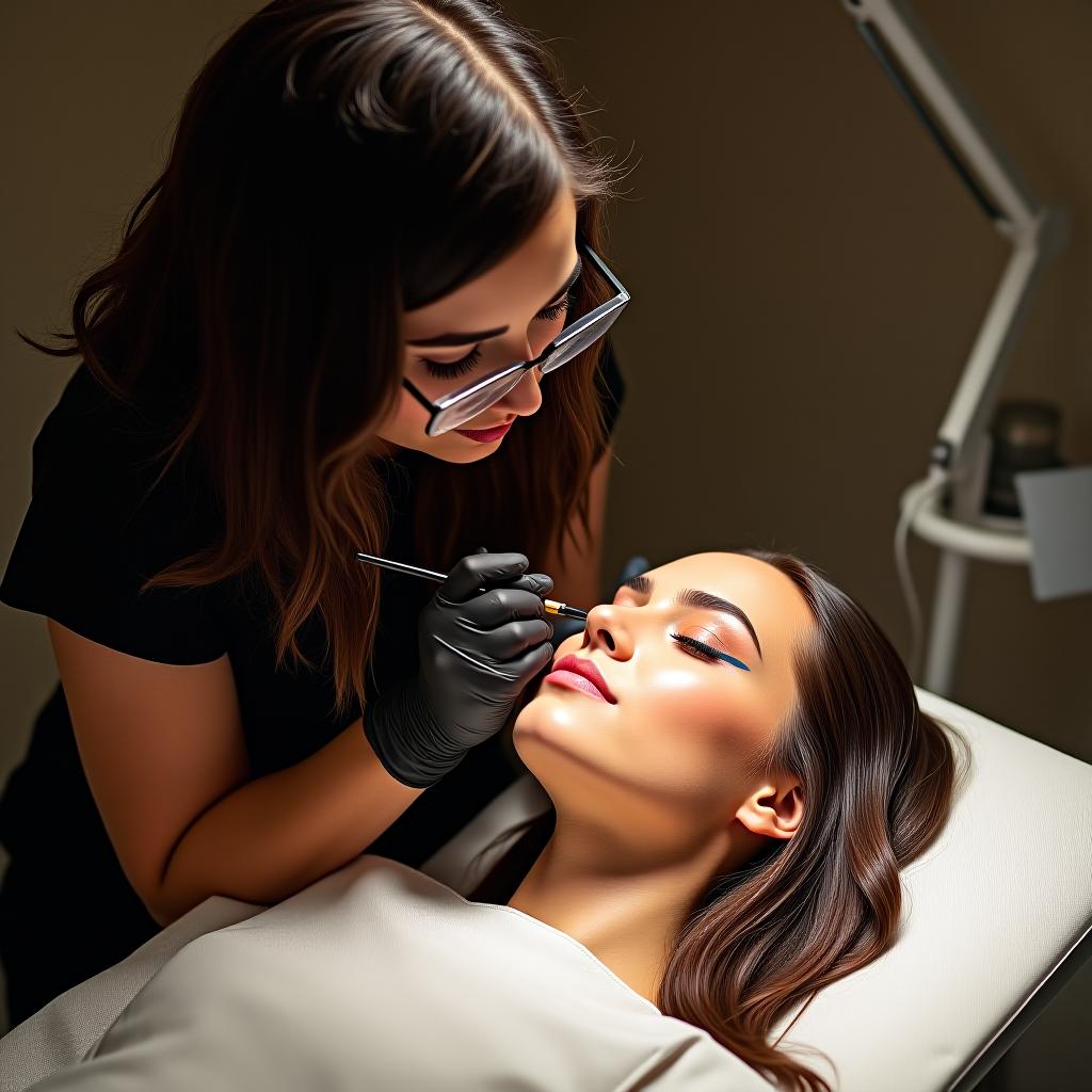  a female instructor is demonstrating the procedure of permanent makeup on a female model.