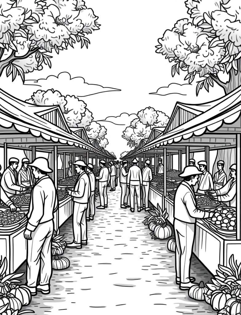  a harvest festival scene with people and food stalls, black and white line art on a white background, for an adult coloring page.