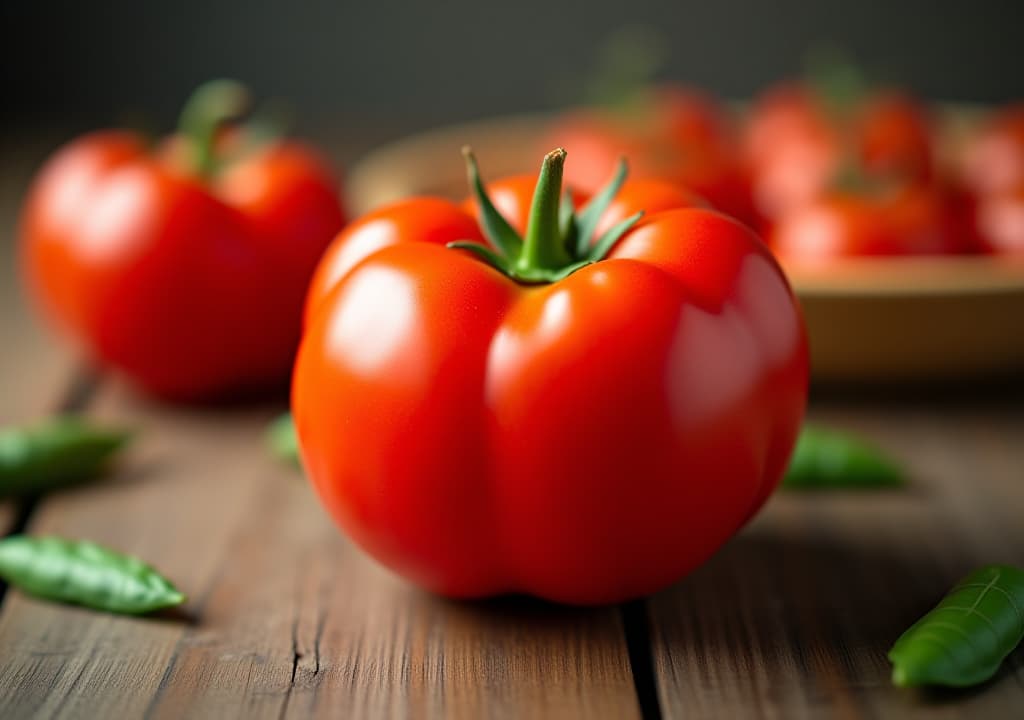  tomato placed on wooden table , fresh, red, vegetable, organic, healthy, ripe, dinner, ingredients, cooking, agriculture, farm