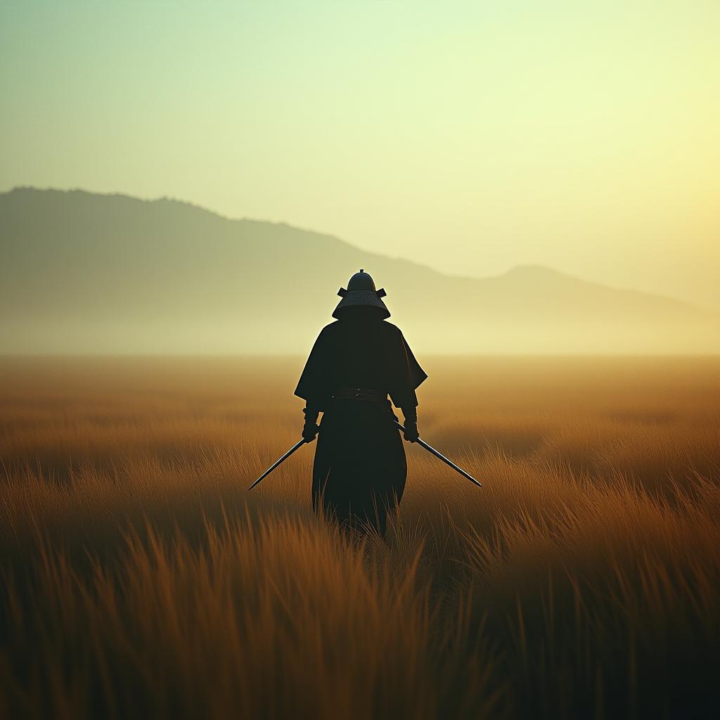  single samurai in a field that goes to its end hyperrealistic, full body, detailed clothing, highly detailed, cinematic lighting, stunningly beautiful, intricate, sharp focus, f/1. 8, 85mm, (centered image composition), (professionally color graded), ((bright soft diffused light)), volumetric fog, trending on instagram, trending on tumblr, HDR 4K, 8K