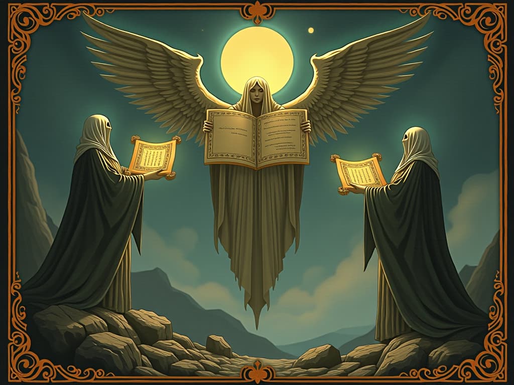  beings of light, offering ancient scrolls, figures glowing with wisdom, scrolls detailed with intricate glyphs, aura of knowledge and sacred insights, hovering over ethereal landscape. an illustration in the style of a worn, mystical old tarot trump card, mysterious and elements of surrealism. the colors are muted, somber and eerie, but with contrast bring out an occult and esoteric vibe.