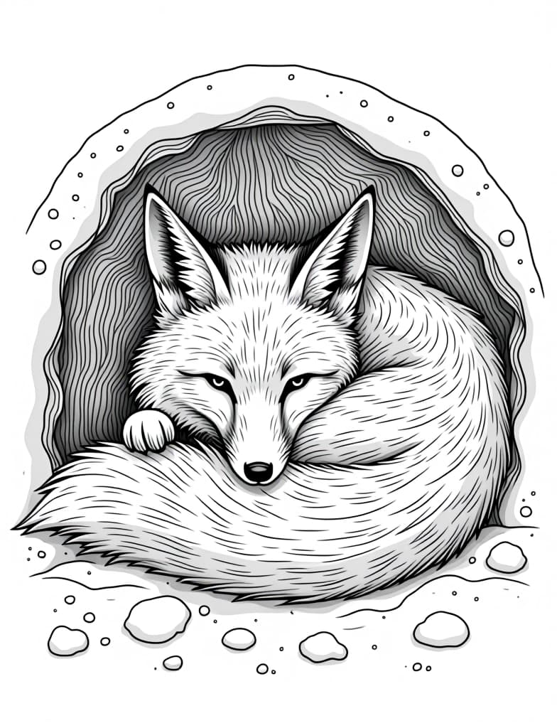  this is for an adult coloring page. a detailed black and white line art of a snowy fox curled up in a snowy den on a solid white background.