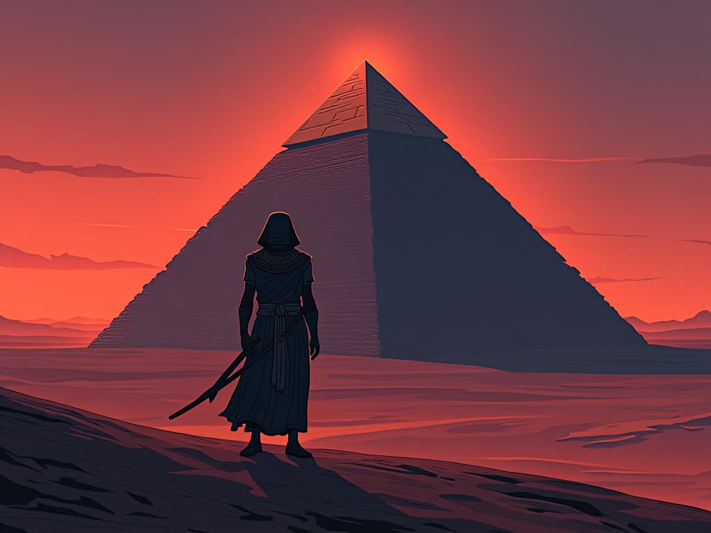  large, solitary pyramid standing in the desert dusk, shadows lengthening, symbol of inner transformation, isolation as potential. the style is digital art illustration / modern comic book / mysterious occult, symbolic, esoteric vibe,high detail on character design, incorporating ancient egyptian symbology and attire.