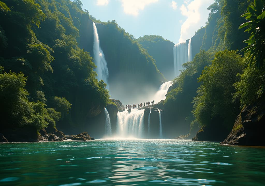  a wide angle shot of dunn's river falls in jamaica, showing multiple tiers of cascading water surrounded by lush tropical vegetation. in the foreground, a small group of tourists can be seen climbing the falls, with the caribbean sea visible in the background. the image should capture the natural beauty and adventure of the location, with sunlight filtering through the trees and creating a sparkling effect on the water., in the style of disney hyperrealistic, full body, detailed clothing, highly detailed, cinematic lighting, stunningly beautiful, intricate, sharp focus, f/1. 8, 85mm, (centered image composition), (professionally color graded), ((bright soft diffused light)), volumetric fog, trending on instagram, trending on tumblr, HDR 4K, 8K