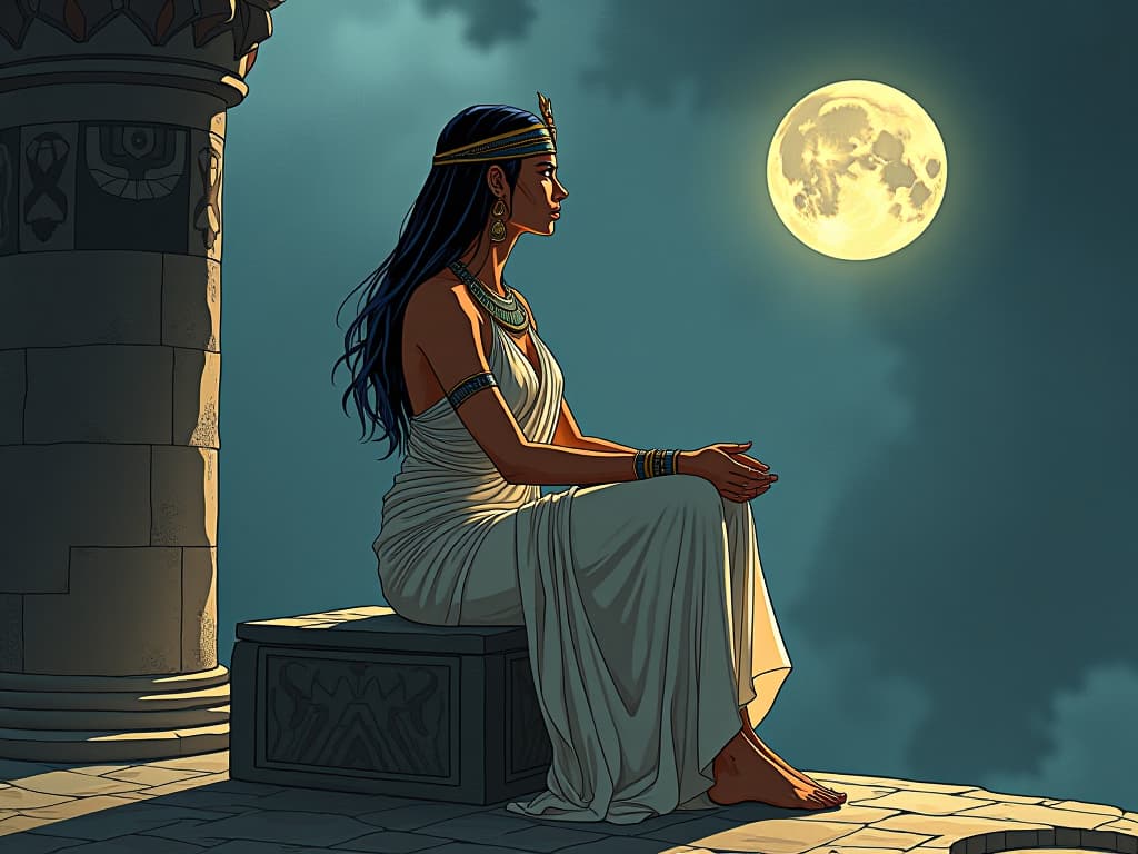  an ancient egyptian woman, large busted in sheer linen, seated gracefully on a stone seat under the full moon, visionary aura, contemplating cosmic wisdom, serene and meditative mood. the style is digital art illustration / modern comic book / mysterious occult, symbolic, esoteric vibe,high detail on character design, incorporating ancient egyptian symbology and attire.