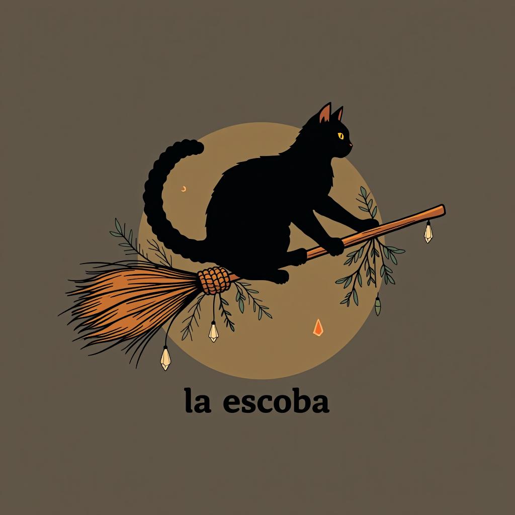  design a logo, in a minimalism style. witchy, black cat riding on a broom, dried herbs hanging off broom, cottage core aesthetic, crystals,spells, with the text 'la escoba'.