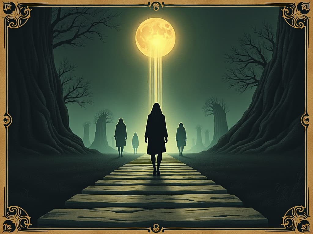  aligned path, gentle glowing light guiding a figure, spectral figures in the background, sense of purpose, night scene, mystical guidance. an illustration in the style of a worn, mystical old tarot trump card, mysterious and elements of surrealism. the colors are muted, somber and eerie, but with contrast bring out an occult and esoteric vibe.