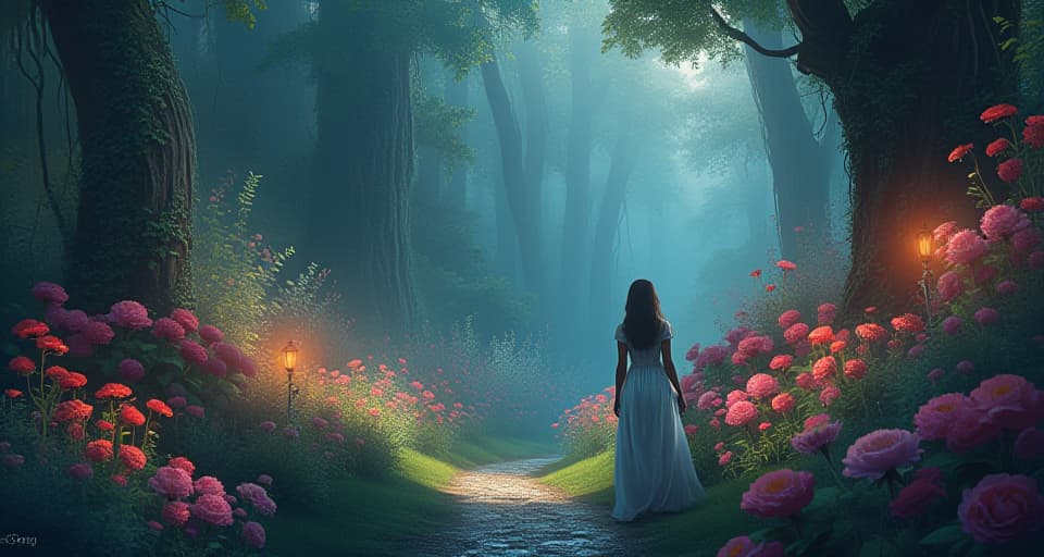  enchanted garden with silent, watching flowers, ethereal glow fading.. the style is digital art illustration,highly detailed, whimsical,magical, dreamlike atmosphere, realism and fantasy blend, smooth, glossy textures,luminous quality, wonder and enchantment.