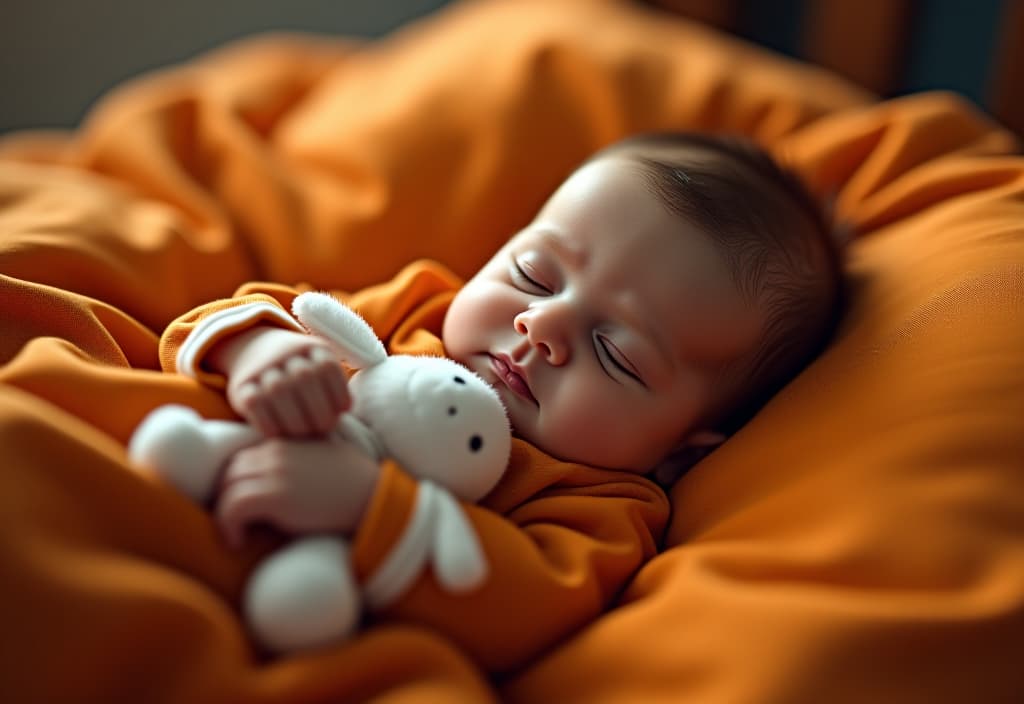  hyperrealistic art 1 a newborn with hair on his shoulders sleeps on his side in his warm orange bed, holds a white soft toy . extremely high resolution details, photographic, realism pushed to extreme, fine texture, incredibly lifelike hyperrealistic, full body, detailed clothing, highly detailed, cinematic lighting, stunningly beautiful, intricate, sharp focus, f/1. 8, 85mm, (centered image composition), (professionally color graded), ((bright soft diffused light)), volumetric fog, trending on instagram, trending on tumblr, HDR 4K, 8K