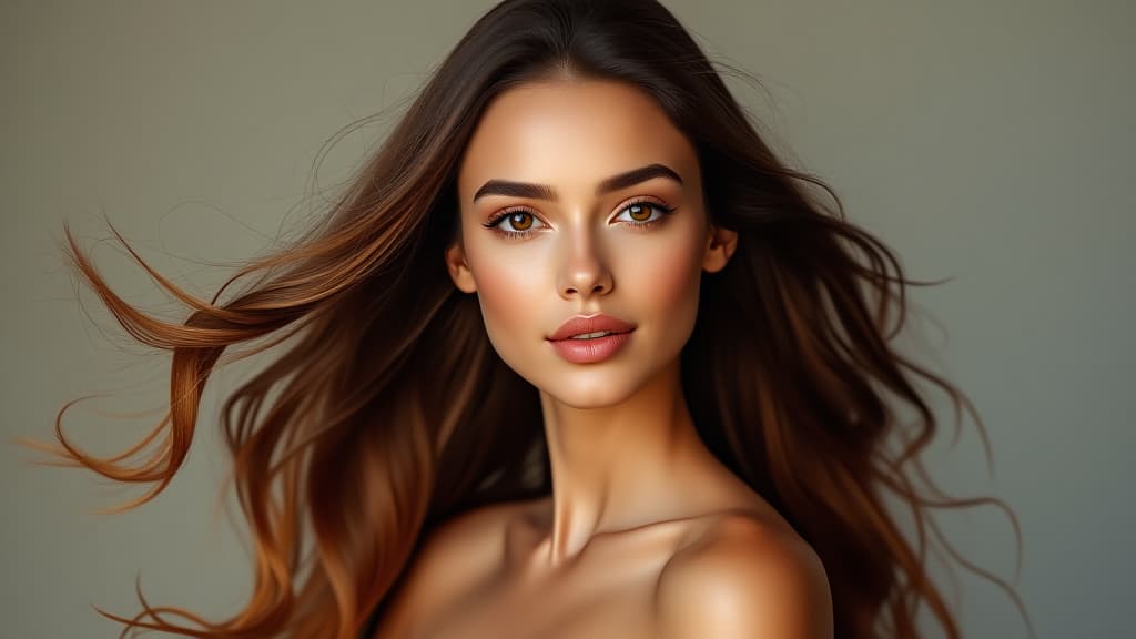  elegant woman with beautiful flowing hair, natural beauty, glowing skin, serene expression, studio shot, daytime, hair care concept, beauty and wellness theme, high quality, high details, hd, perfect composition, 4k epic detailed, highly detailed, sharp focus, high resolution