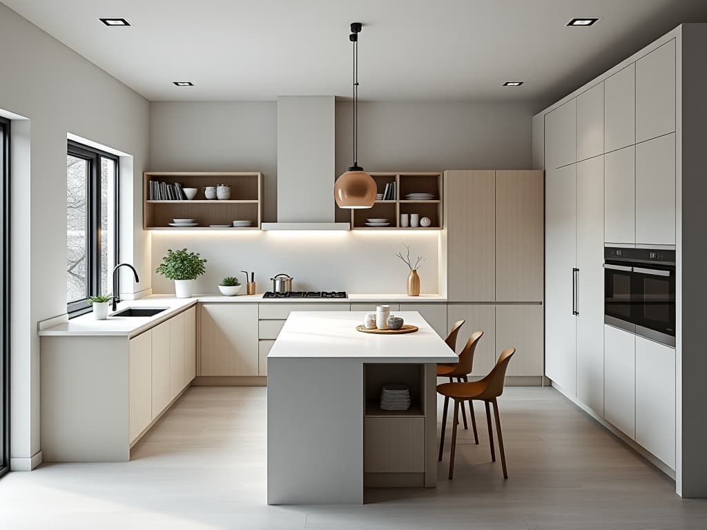  capture an unedited 8k photograph of a kitchen, reflecting the contemporary style marked by the latest trends, clean lines, balance, and harmony. this high angle shot highlights the open layout and sleek minimalism decoration of the kitchen, often described as the heart of the home where meals are prepared. the image is professionally color graded with a hyperrealistic, highly detailed aesthetic and a symmetrical balance. the photo features bright soft diffused light and is complemented by a snowy light atmosphere, reminiscent of a comedy movie still. dominant in white (rgb 255, 255, 255), with alto (rgb 219, 219, 219) as the complementary color, and feijoa (rgb 159, 221, 140) as the accent, enhancing the scene’s intricate and stunning be