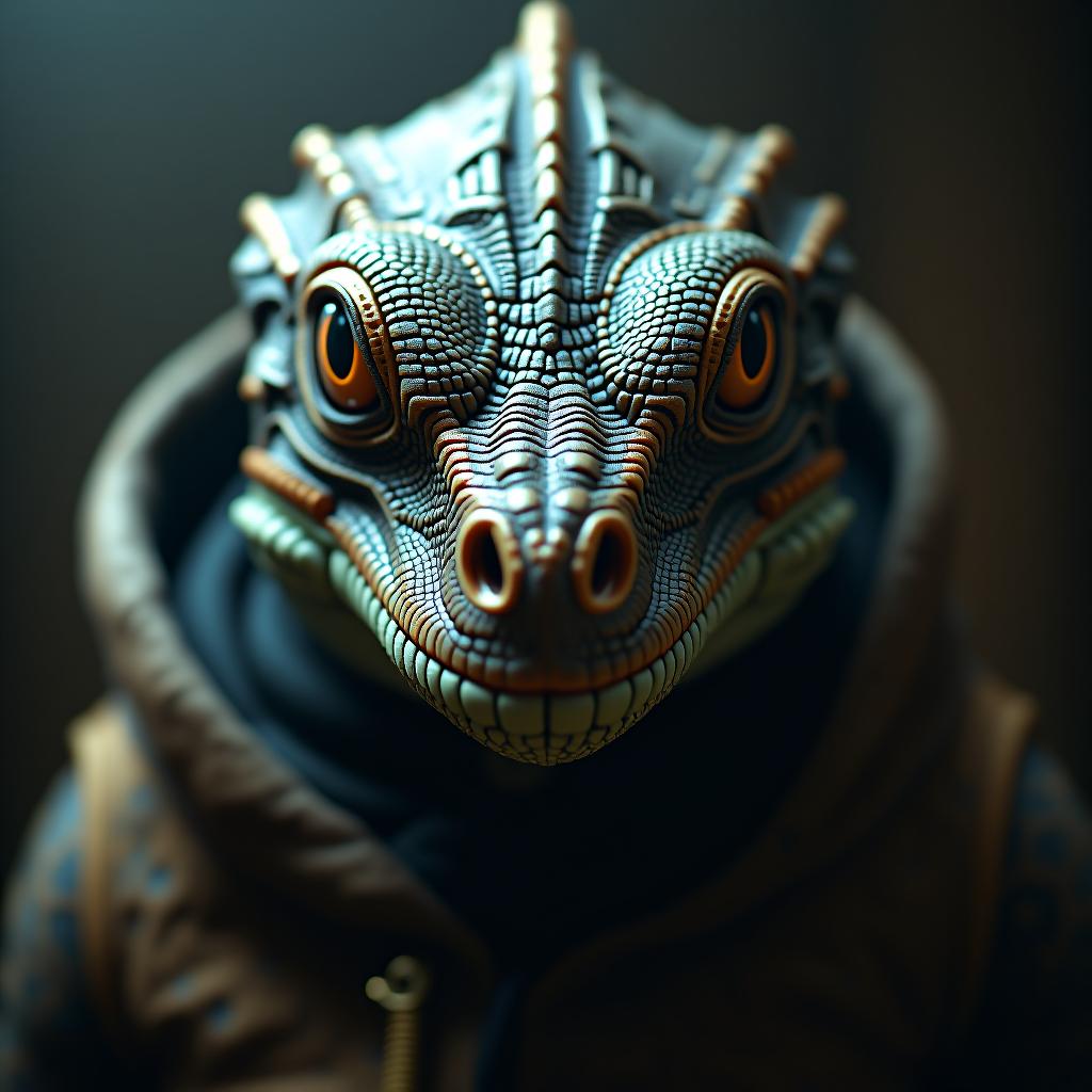  the face of a reptilian hyperrealistic, full body, detailed clothing, highly detailed, cinematic lighting, stunningly beautiful, intricate, sharp focus, f/1. 8, 85mm, (centered image composition), (professionally color graded), ((bright soft diffused light)), volumetric fog, trending on instagram, trending on tumblr, HDR 4K, 8K