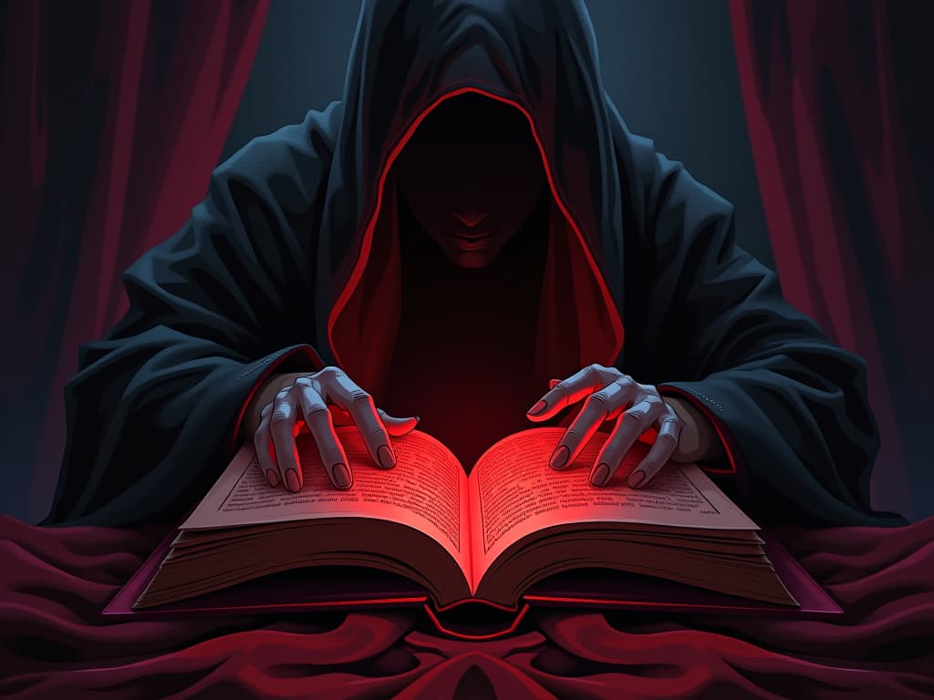  red velvet covered book, pages glowing with hidden secrets, surrounded by whispering shadows, mood of silence and temptation. the style is digital art illustration / modern comic book / graphic dark novel fantasy and mysterious occult, symbolic, moody lighting, esoteric vibe,high detail on character design. for the color scheme emphasize blacks and reds.