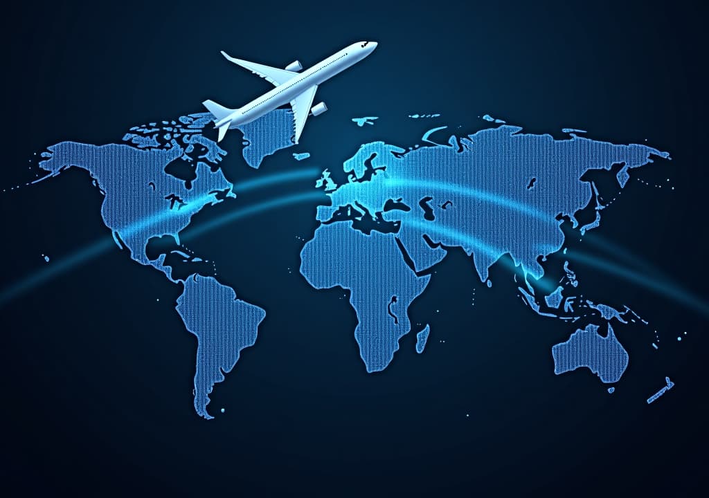  airplane flying over a world map, depicting global network, information exchange, and international data transfer