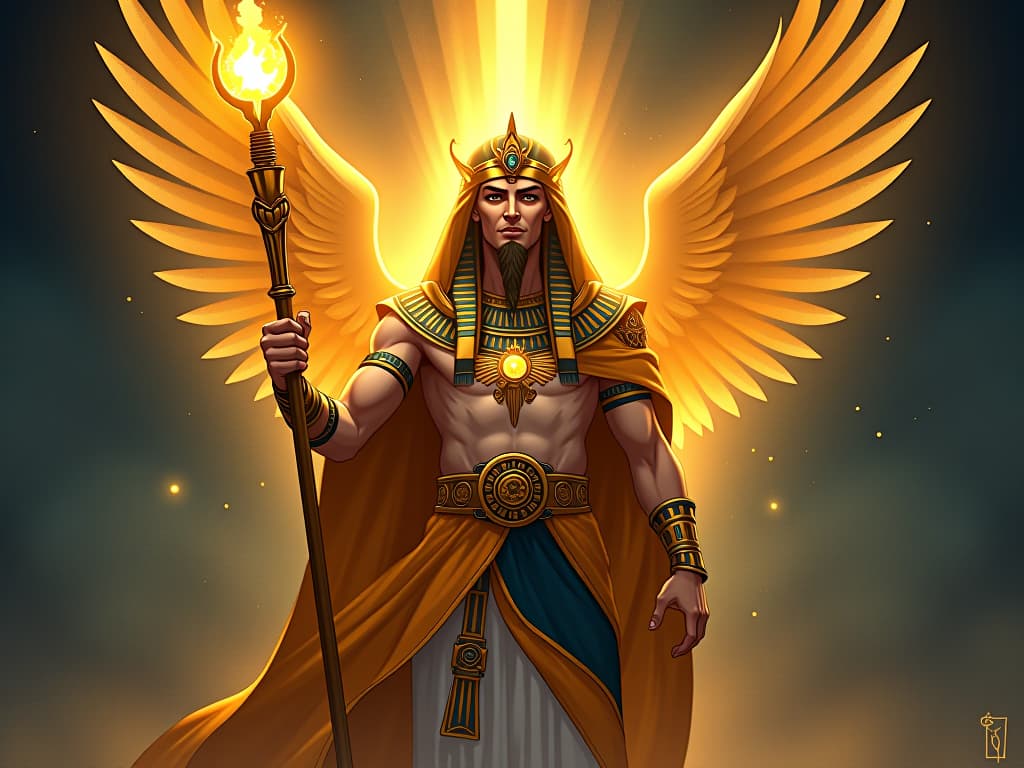  a majestic, glowing figure holding a golden staff, light emanating from their presence, uplifting and empowering atmosphere. the style is digital art illustration / modern comic book / mysterious occult, symbolic, esoteric vibe,high detail on character design, incorporating ancient egyptian symbology and attire.