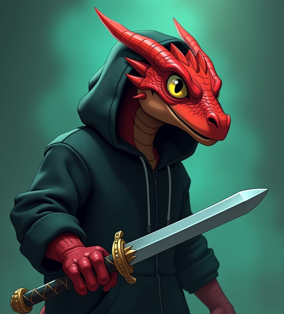  a red skinned humanoid dragon with yellow eyes wearing a black hoodie and wielding a sword in front of a cyan to green fade background