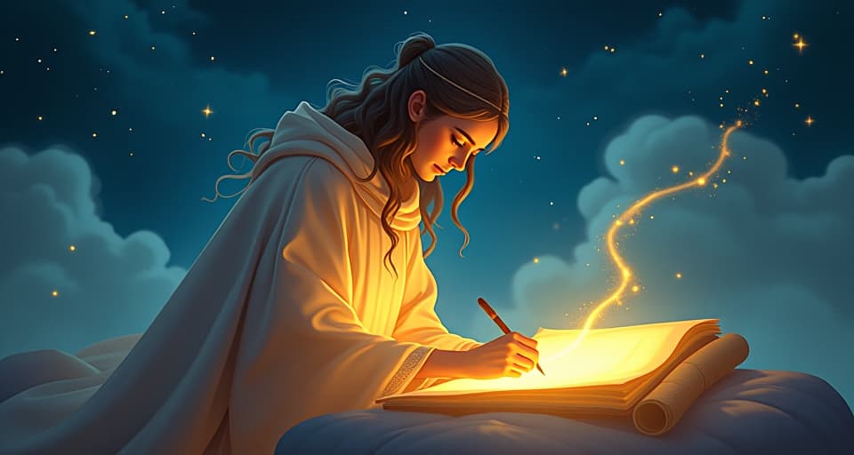  ethereal scribe in bright, flowing robes, writing on a glow in the dark scroll under starry sky, atmosphere of unconfined love in prayer and worship. the style is digital art illustration,highly detailed, whimsical,magical, dreamlike atmosphere, realism and fantasy blend, smooth, glossy textures,luminous quality, wonder and enchantment.