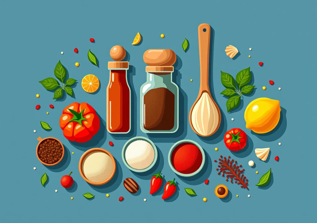  stylized vector art of kitchen spices on a blue background.