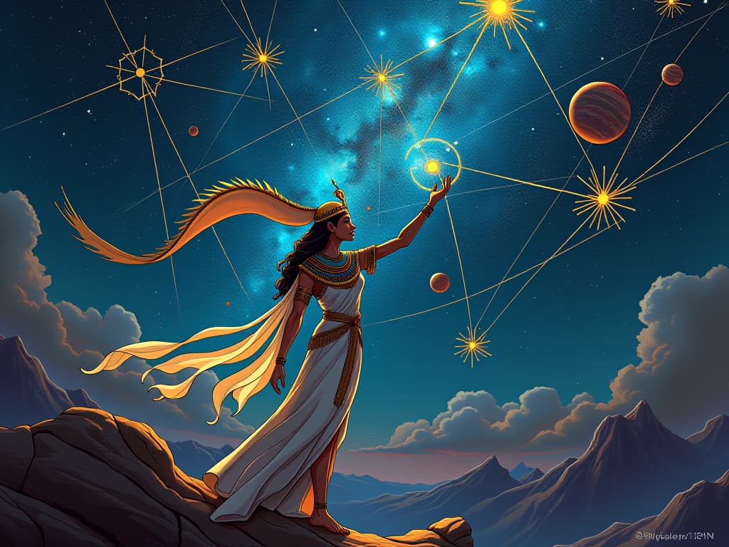  galaxy swirling in the night sky, cosmic web threads connecting stars and planets, symbolizing unity. the style is digital art illustration / modern comic book / mysterious occult, symbolic, esoteric vibe,high detail on character design, incorporating ancient egyptian symbology and attire.