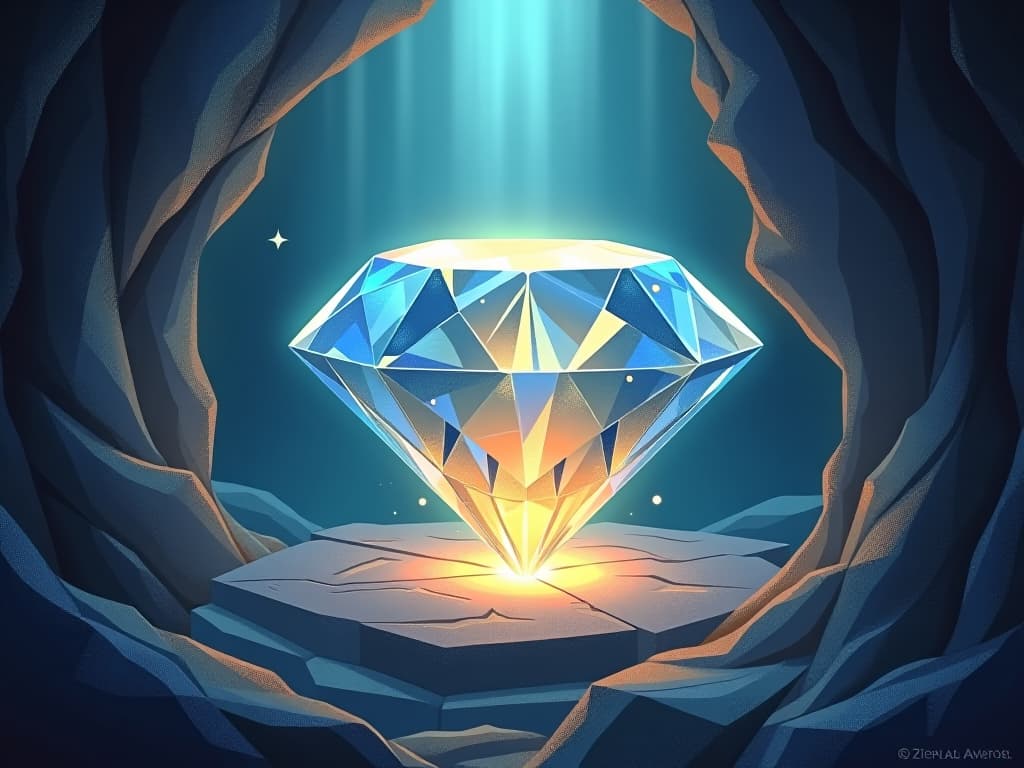  a majestic diamond, in the process of being shaped under glowing, mystical pressure, in an ethereal cave, symbolizing refinement and resilience, intense, radiant.. the style is digital art illustration,highly detailed, whimsical,magical, dreamlike atmosphere, realism and fantasy blend, smooth, glossy textures,luminous quality, wonder and enchantment.