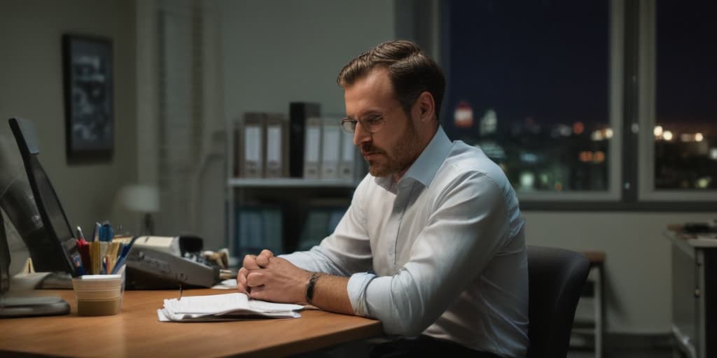 man seated on a table in a office at night