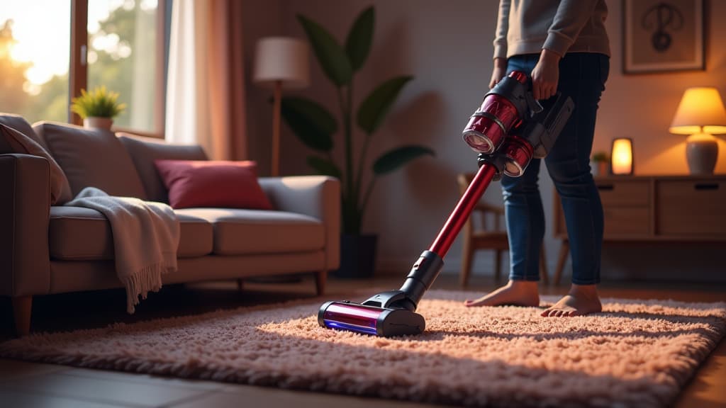  prompt: create a hyper realistic and detailed image of a cozy living room setup for a movie night. show a sleek buture vc70 cordless vacuum cleaner prominently featured in the scene. the vacuum cleaner should be shown in action, effortlessly cleaning pet hair on a luxurious carpet. incorporate three distinct cleaning modes eco, standard, and max visibly displayed on the vacuum cleaner. ensure the vacuum cleaner is set to automatic mode, adjusting suction power on its own for optimal cleaning