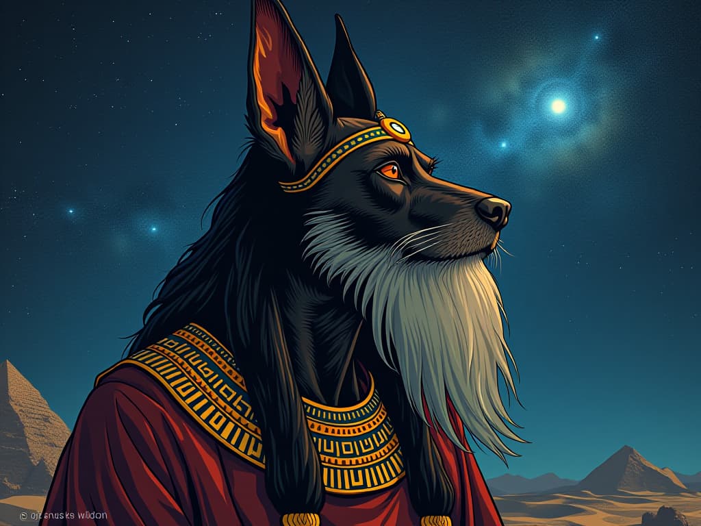  a revered dogon elder contemplating the night sky, deep thought etched on their face, symbols of wisdom, ambiance of transcending historical limitations. the style is digital art illustration / modern comic book / mysterious occult, symbolic, esoteric vibe,high detail on character design, incorporating ancient egyptian symbology and attire.