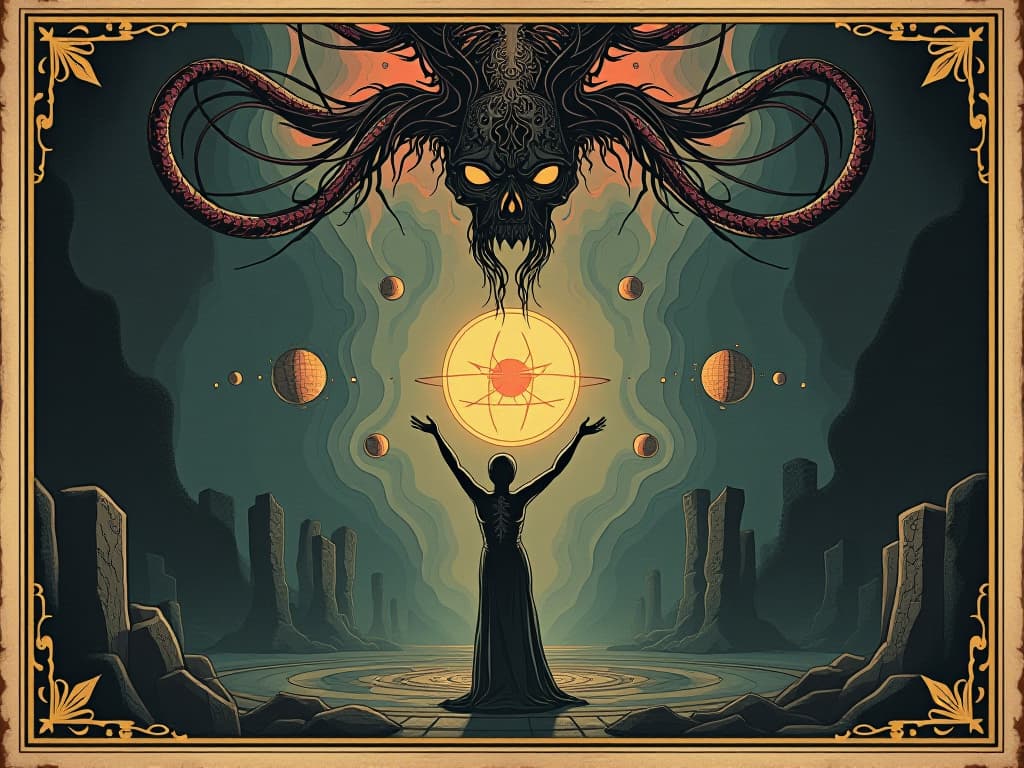  parallel realities, alternate dimensions, intertwining, merging universes, dreamlike. an illustration in the style of a worn, mystical old tarot trump card, mysterious and elements of surrealism. the colors are muted, somber and eerie, but with contrast bring out an occult and esoteric vibe.