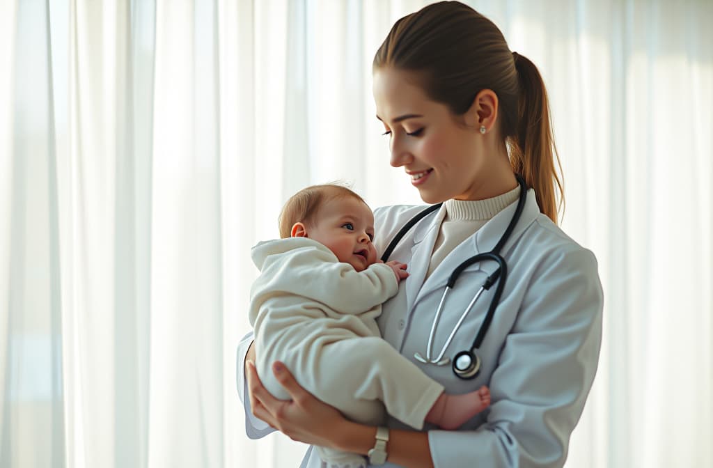  professional detailed photography, girl doctor holding a baby in her arms, in medical clothes, on a white background, sunny day ar 3:2, (muted colors, dim colors, soothing tones), (vsco:0.3)