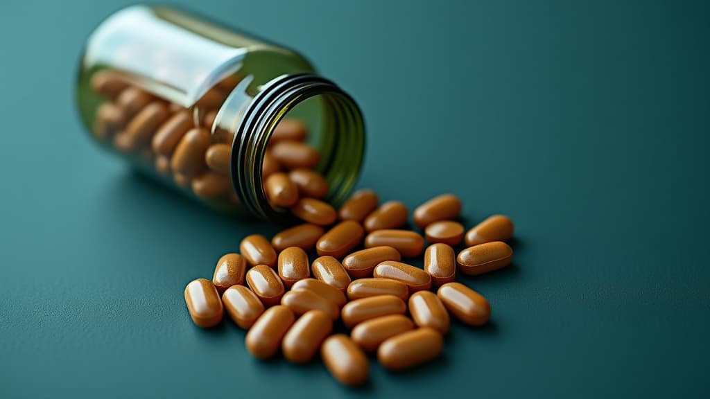  a glass bottle filled with brown pills on a dark teal surface