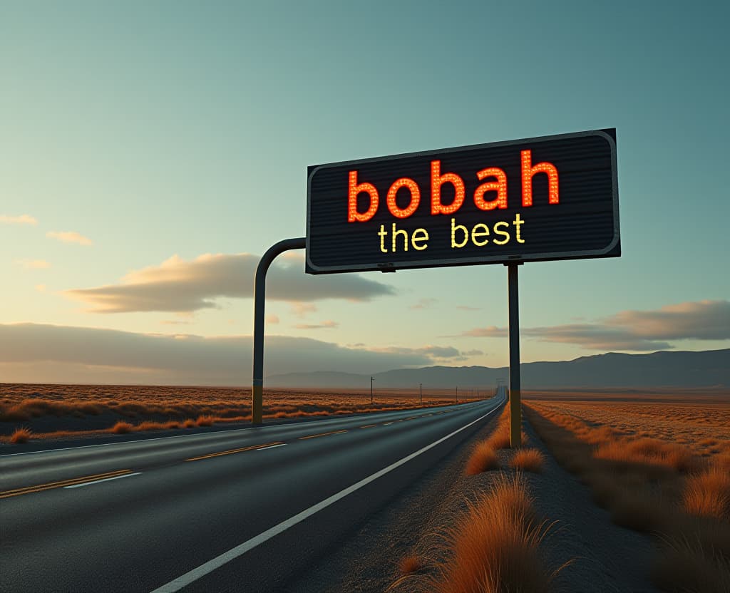  the masterpiece, the landscape, the road sign that says "bobah the best!", realism, fantastic, big letters hyperrealistic, full body, detailed clothing, highly detailed, cinematic lighting, stunningly beautiful, intricate, sharp focus, f/1. 8, 85mm, (centered image composition), (professionally color graded), ((bright soft diffused light)), volumetric fog, trending on instagram, trending on tumblr, HDR 4K, 8K