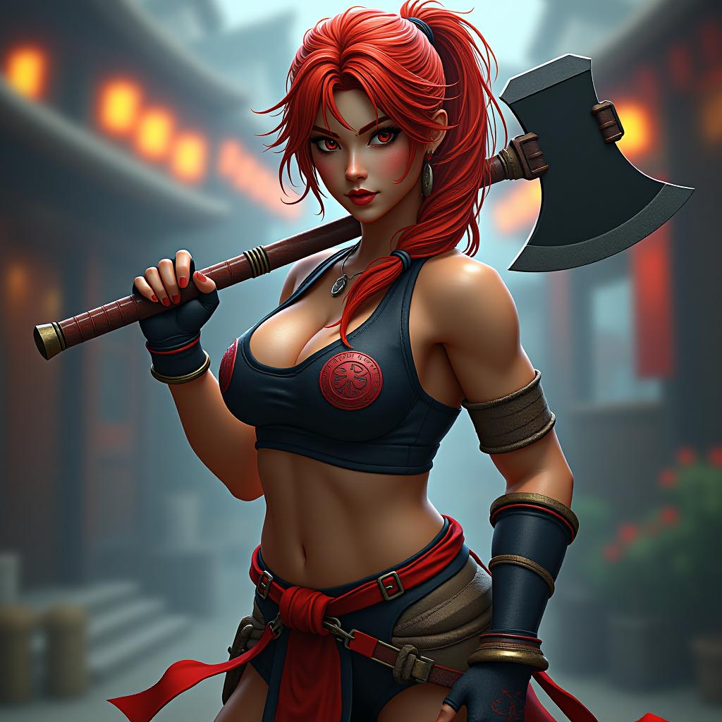  street fighter style a woman with red hair holding an axe, by arthur pan, fantasy art, wow 4 k detail fantasy, barbarian celebrate his birthday, unreal engine : : rave makeup, fierce look . vibrant, dynamic, arcade, 2d fighting game, highly detailed, reminiscent of street fighter series hyperrealistic, full body, detailed clothing, highly detailed, cinematic lighting, stunningly beautiful, intricate, sharp focus, f/1. 8, 85mm, (centered image composition), (professionally color graded), ((bright soft diffused light)), volumetric fog, trending on instagram, trending on tumblr, HDR 4K, 8K