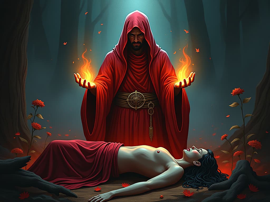  ancient healer in red robes, hands glowing over wounded, mystical herbs around, aura of natural healing power. the style is digital art illustration / modern comic book / graphic dark novel fantasy and mysterious occult, symbolic, moody lighting, esoteric vibe,high detail on character design. for the color scheme emphasize blacks and reds.