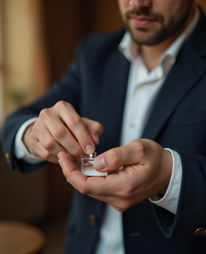  a man demonstrates the process of applying perfume to the wrist with the help of perfume, how easy and convenient it is to use our product in any situation. this emphasizes functionality and usability.