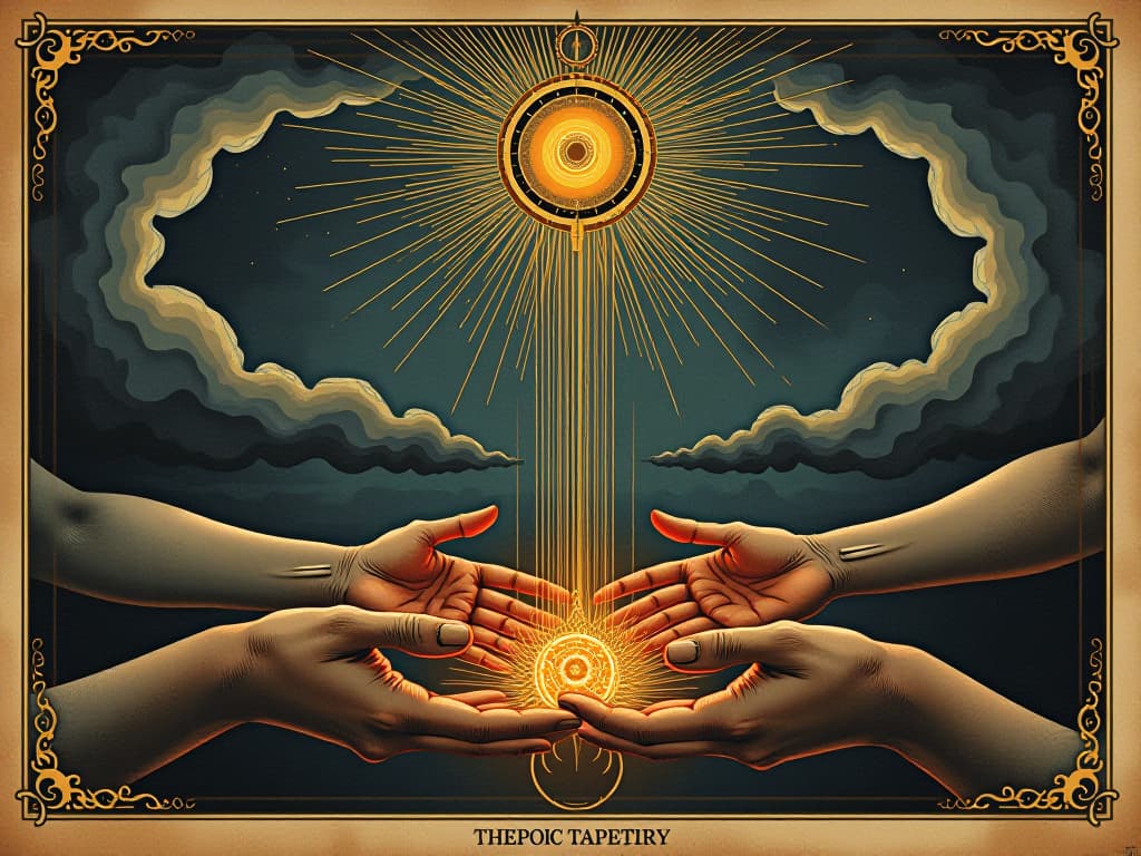  a cosmic tapestry being woven by celestial hands, detailed, purposeful. an illustration in the style of a worn, mystical old tarot trump card, mysterious and elements of surrealism. the colors are muted, somber and eerie, but with contrast bring out an occult and esoteric vibe.