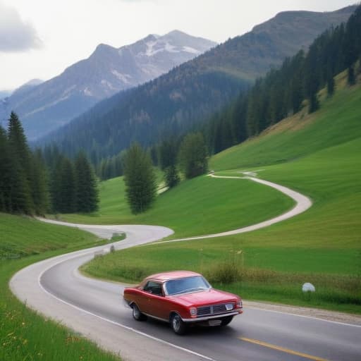 Mountains, trees, field, winding road, GM car