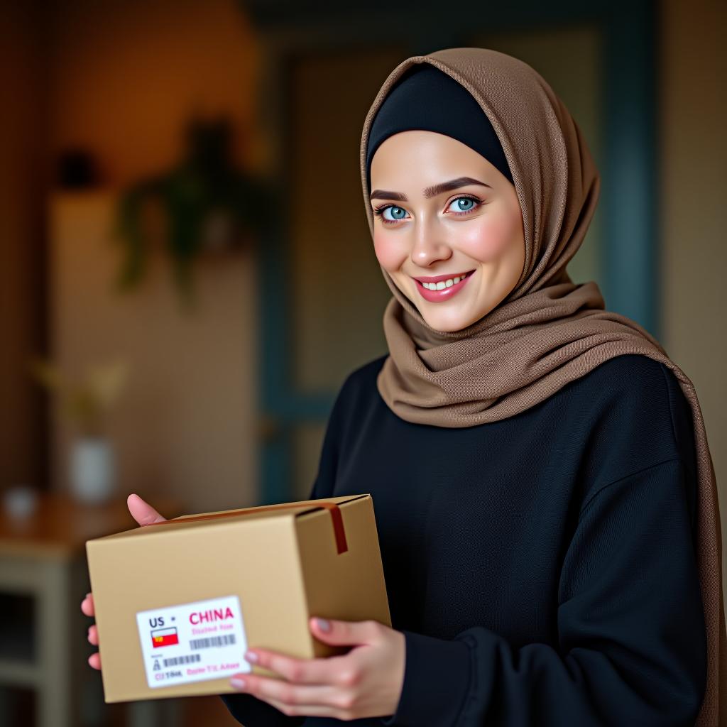  a muslim woman with blue eyes receiving a package from china.