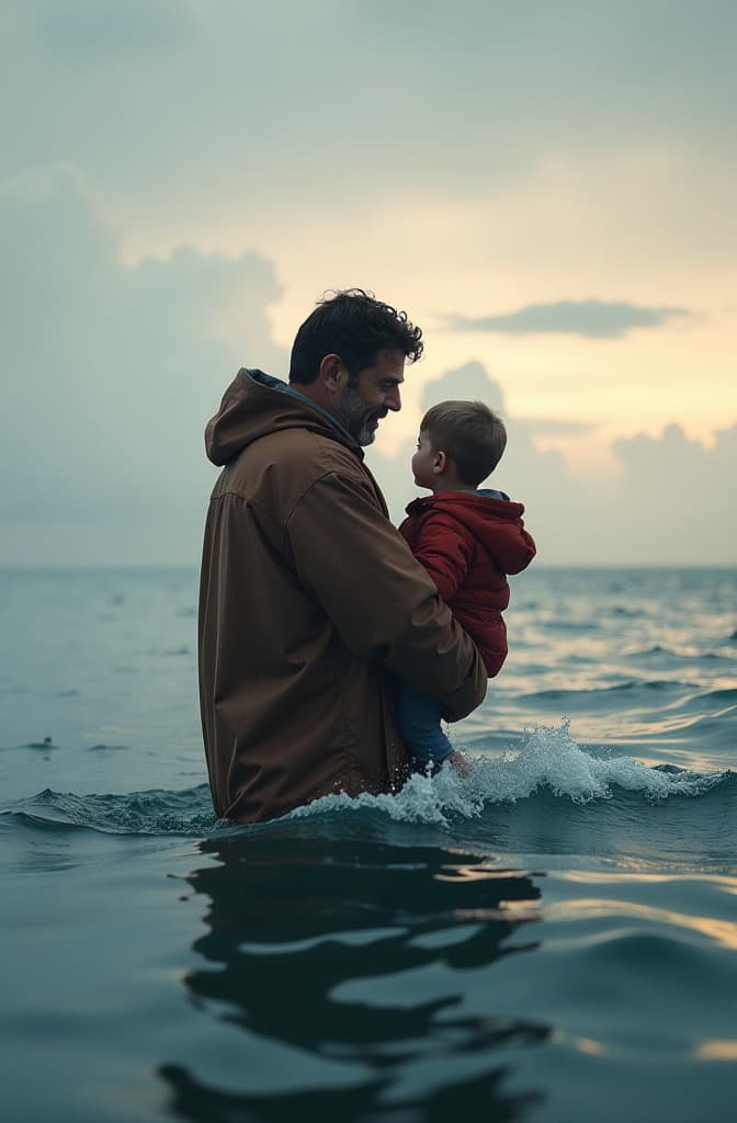  a father with his son in the midle of the ocean hyperrealistic, full body, detailed clothing, highly detailed, cinematic lighting, stunningly beautiful, intricate, sharp focus, f/1. 8, 85mm, (centered image composition), (professionally color graded), ((bright soft diffused light)), volumetric fog, trending on instagram, trending on tumblr, HDR 4K, 8K